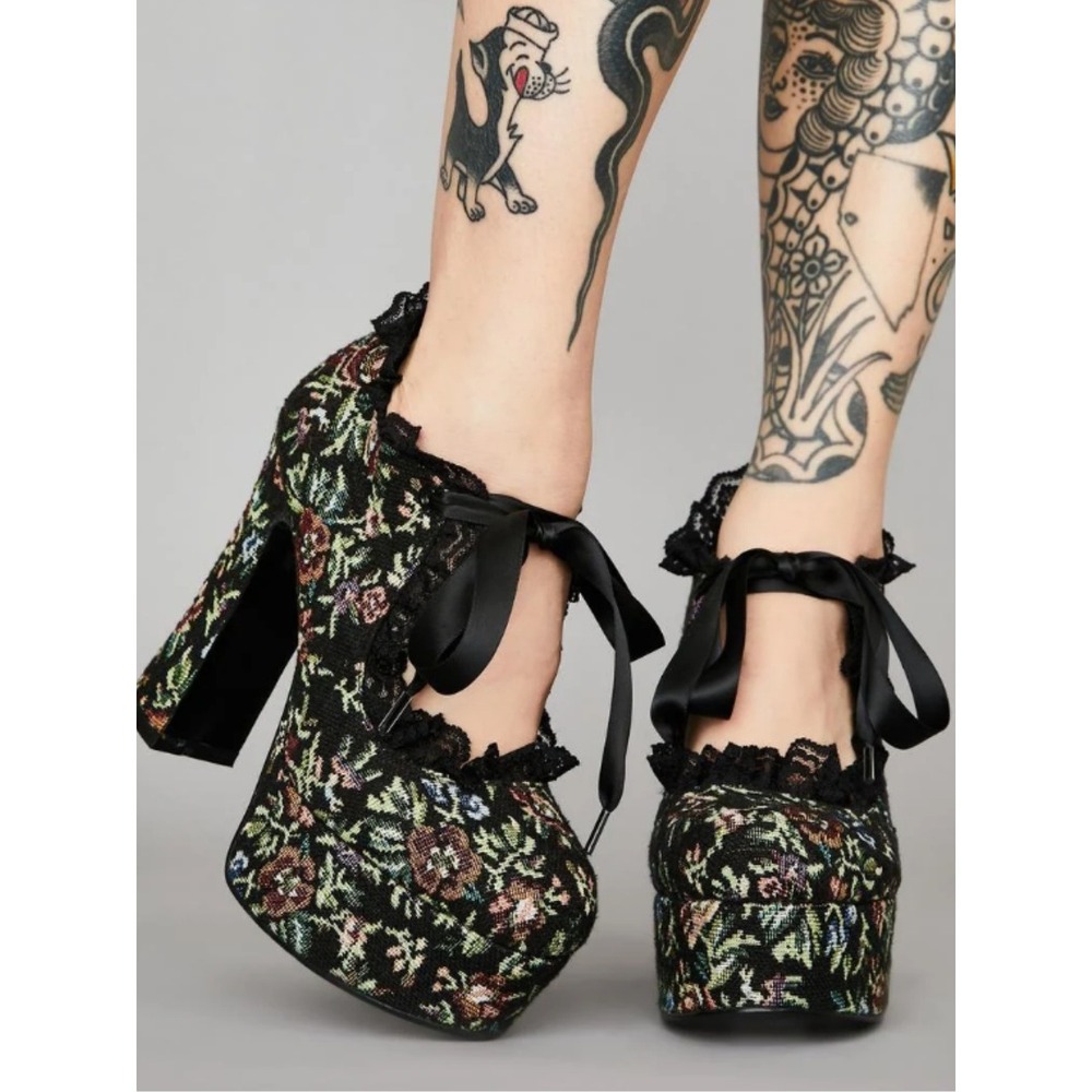 Tapestry Floral Lace Ribbon Platform Heels 6 Black Gothic Lolita Mary Jane Shoes